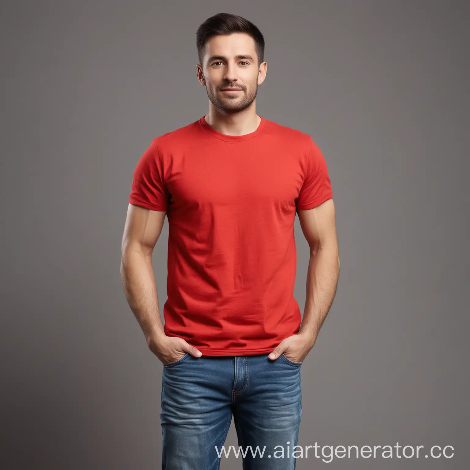 мужчина клиент в красной футболке на 
сером фоне