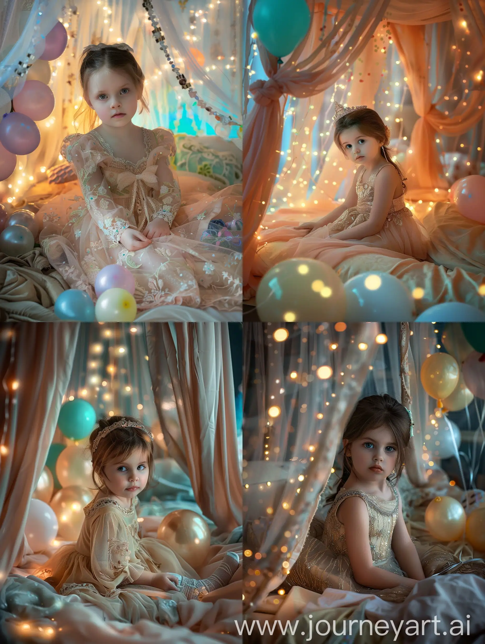 A little girl in a beautiful dress sitting on a bed with a canopy, the canopy glows with lights, balloons on the bed, close-up, realistic photo, hyperrealism, the face is clearly visible, looking at the camera, bed colors, close up photo, light photo