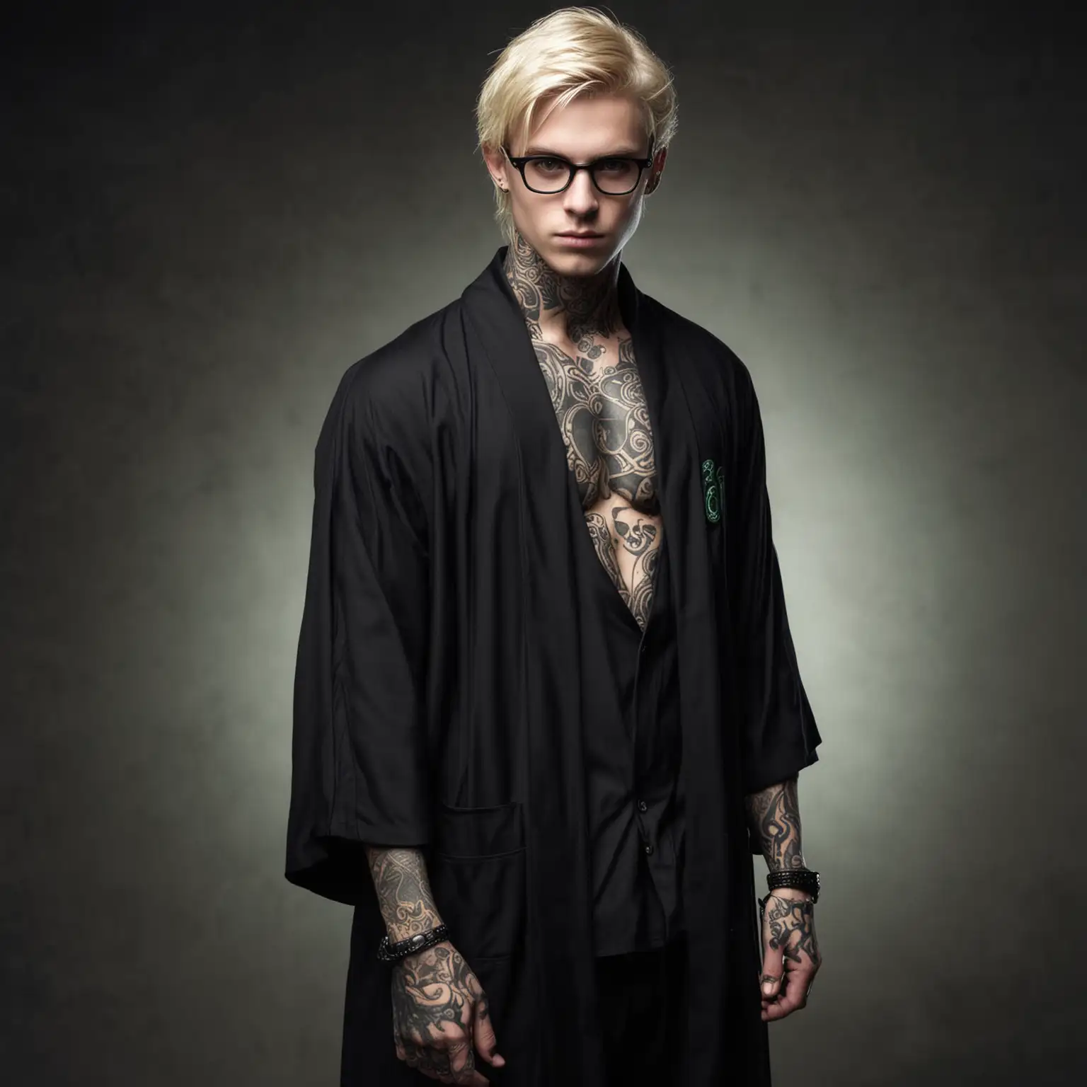 Teen boy, Death Eater, Slytherin, tattoos, shirtless, piercings, blonde, bulge, crotch, attractive, abs, magic, sexy, glasses, sinister, dangerous, mysterious, black school robe