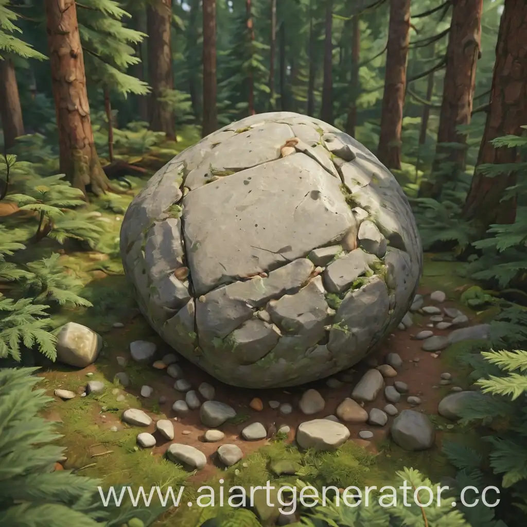 Привлекающая внимание обложка для игры "Симулятор камня", камень находится в центре кадра, главный фокус на камень, камень в лесной локации с хвойными деревьями.