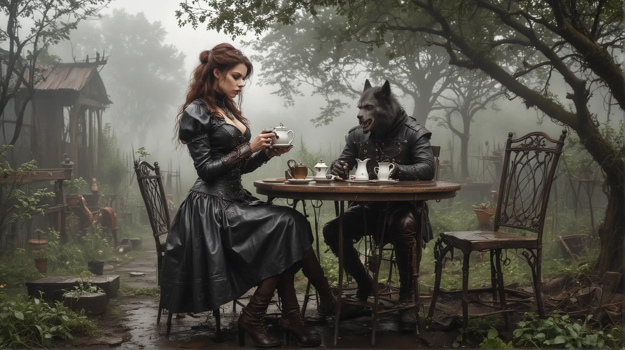 a beautiful steampunk woman in a leather dress drinks tea with a werewolf at an old round table in a neglected garden, cloudy, fog, rain