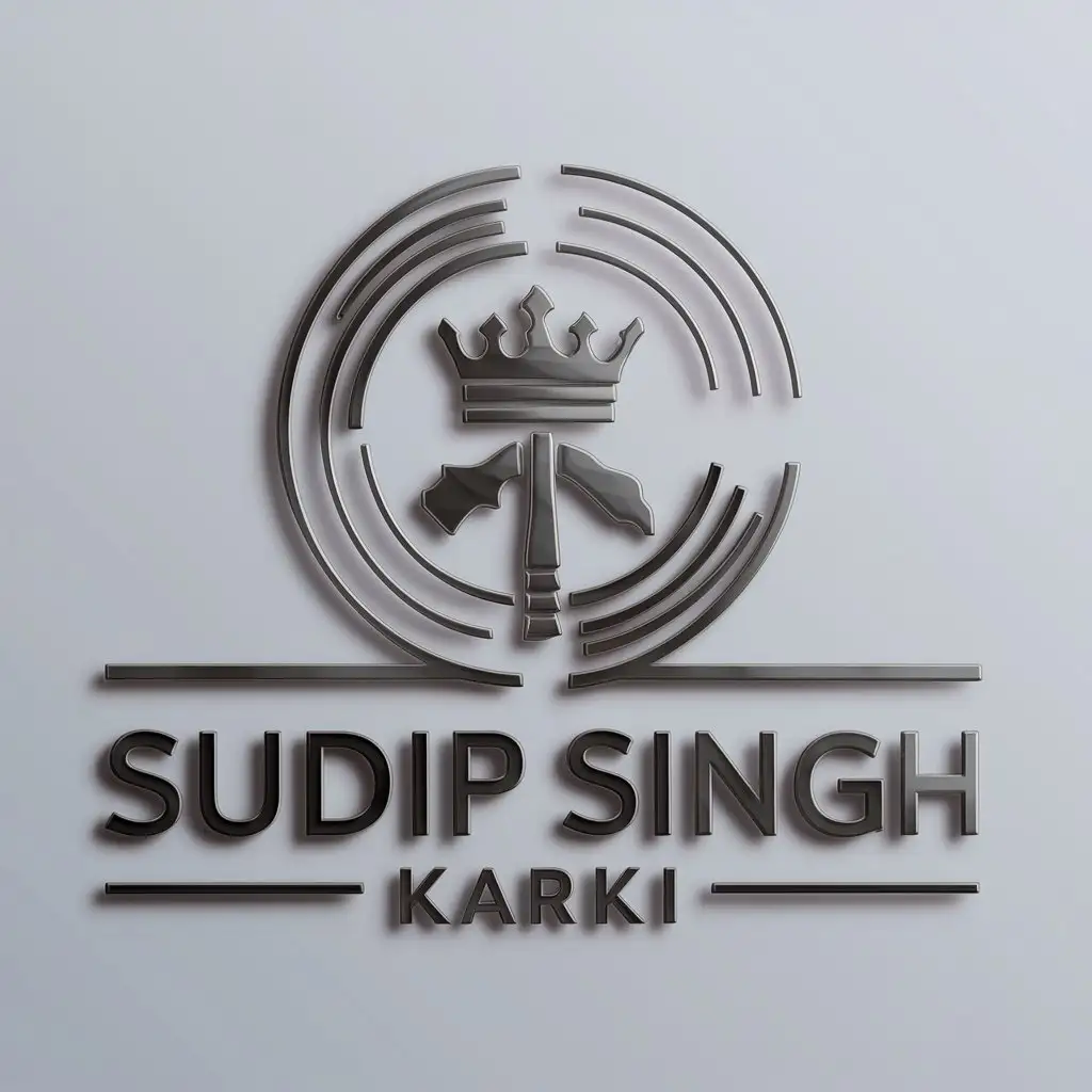 a logo design,with the text "sudip singh karki", main symbol:round with crown and khukuri in the middle of logo,Moderate,clear background