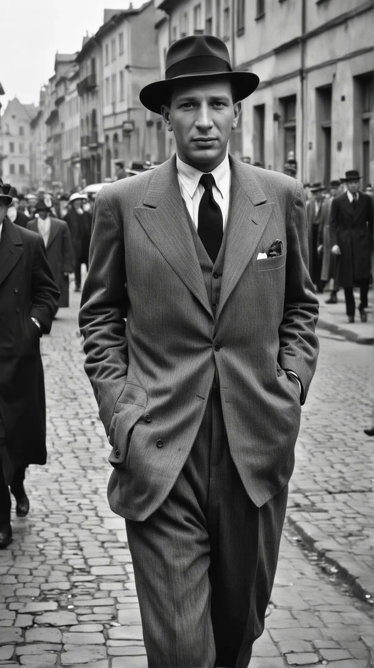 Oskar Schindler in a stylish suit, in a busy Krakow street, 1939: Depict Oskar Schindler, a well-dressed, charismatic businessman with a confident demeanor, walking down a bustling street in Krakow, with period-appropriate buildings and vehicles in the background.