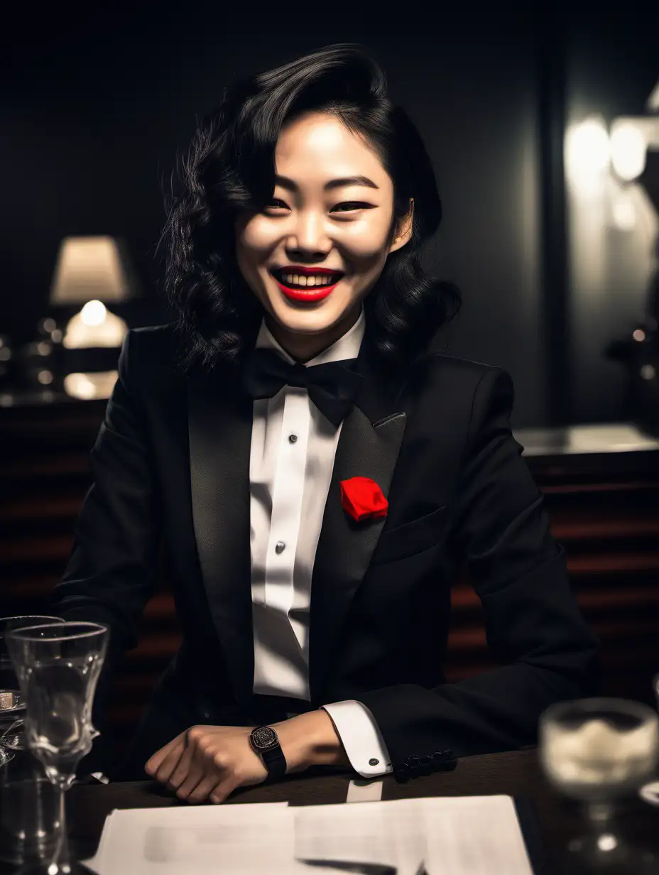 Smiling and laughing 30 year old Korean woman with shoulder length black hair and bright red lipstick, wearing a tuxedo with a black bow tie and black cufflinks and black pants.  Her shirt has french cuffs.  Her jacket is open.  She is sitting at a table in a dark room.