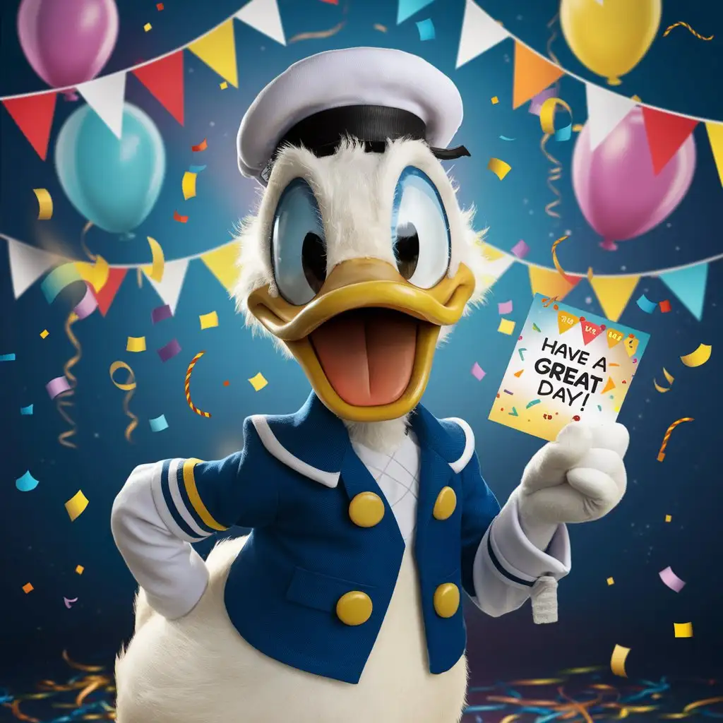 Donald Duck in Navy Outfit Celebrating with Have a Great Day Card