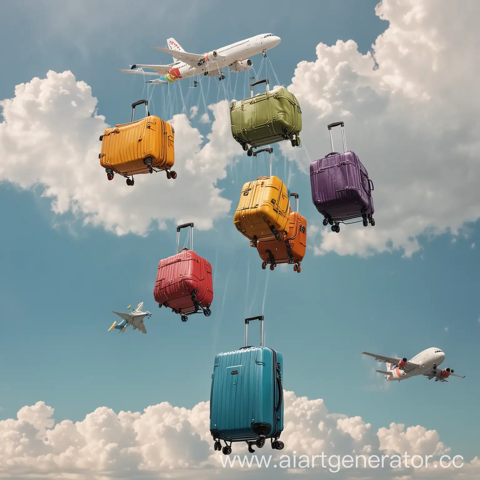 разноцветные чемоданы летают в небе, с ручками, с колесиками, летит самолет