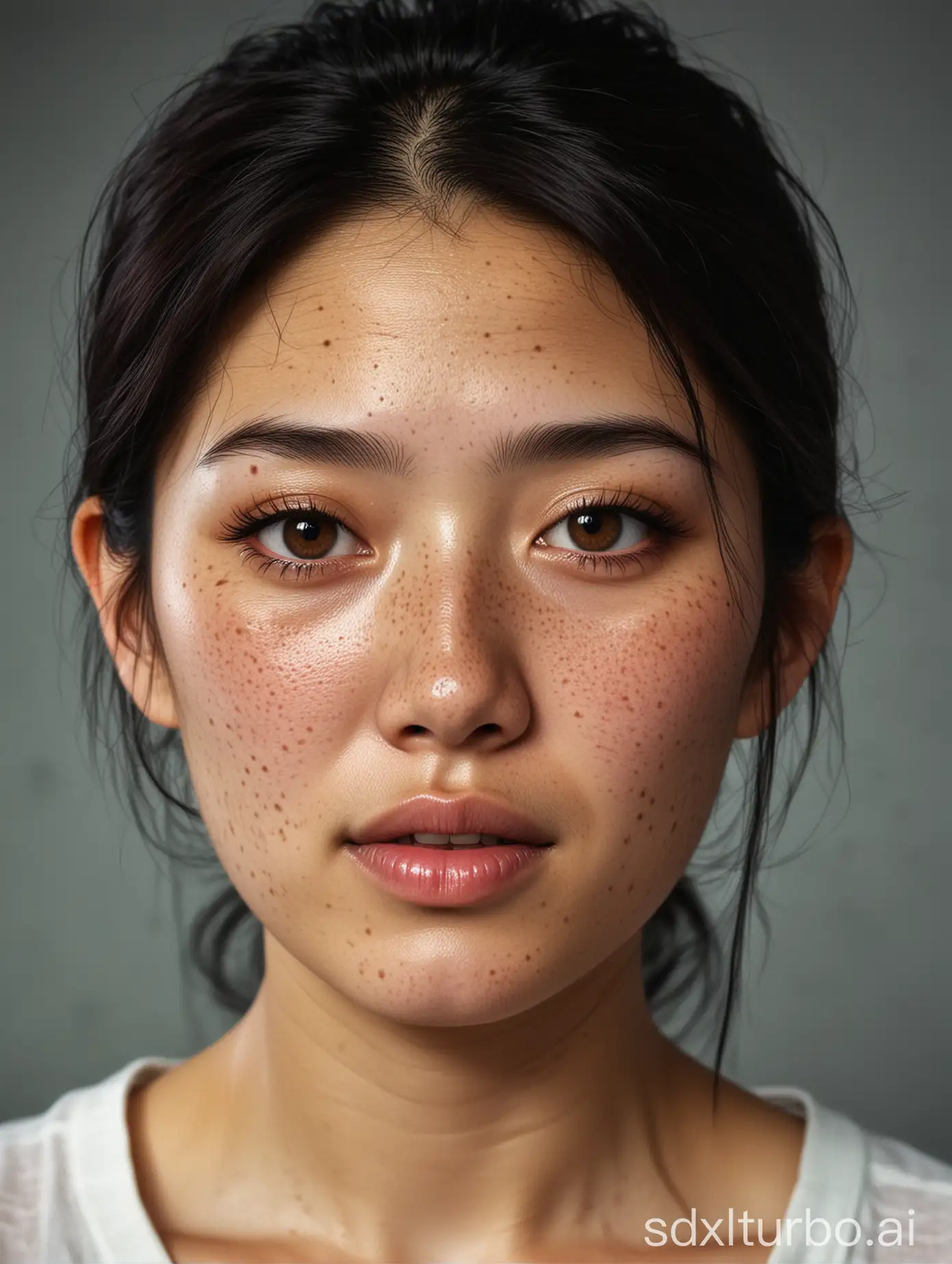 Generate an Asian ugly woman, covered in freckles, dark skin, fat