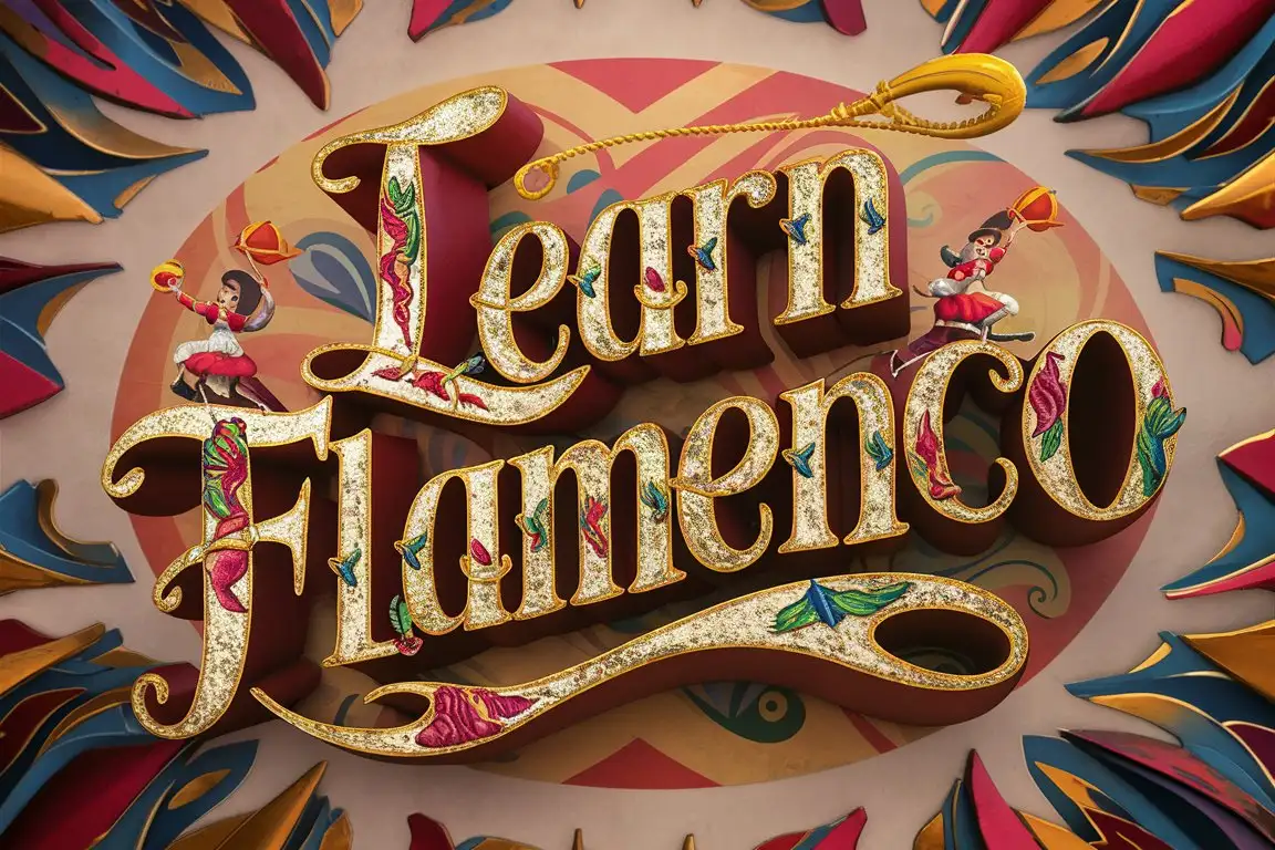 A vibrant and eye-catching 3D render of the phrase "Learn Flamenco" in a cute, playful vintage tattoo style. The letters are adorned with multicolor elements, including a flamenco dancer, giving off a lively and energetic feel.  illustration that creates  a lively and energetic atmosphere., photo, 3d render, vibrant, typography, illustration, 