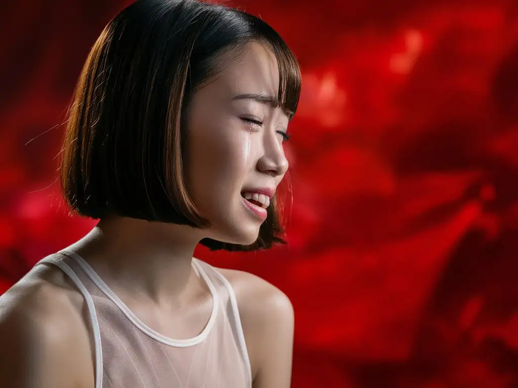 Depict the side profile of an Asian woman with a bob haircut, white sheer tank top, crying, against a red background, realistic photo, daytime