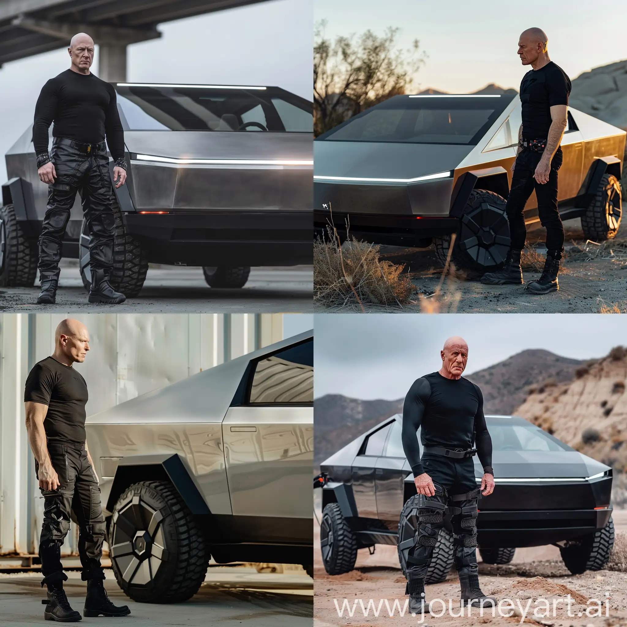 Лысый мужчина, в черной одежде, накаченный, стоит возле Tesla CyberTruck, супер детализация, гипер реализм, 8к, острый фокус