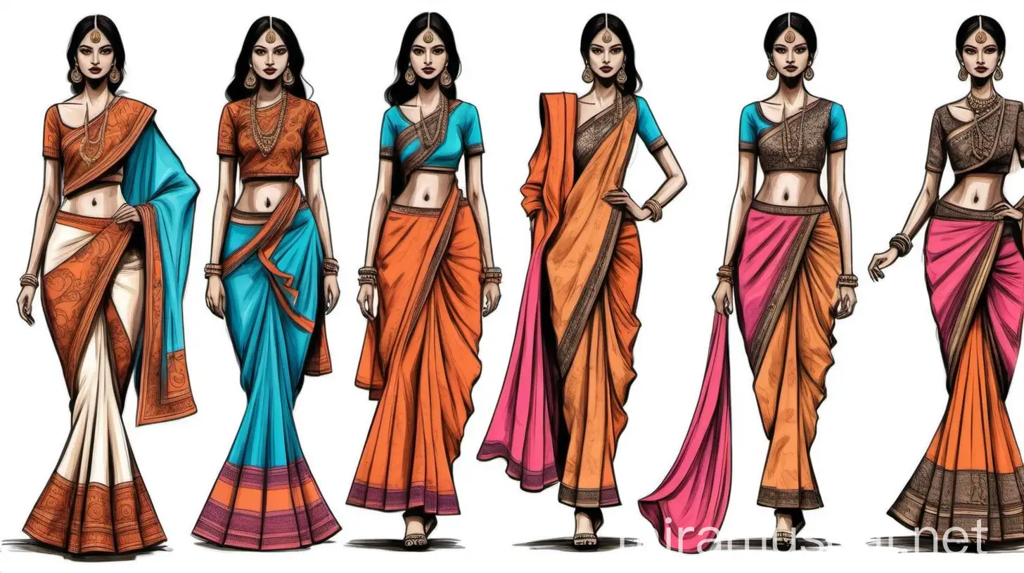 Modern Interpretations of Traditional Indian Garments Conceptual Fashion Sketches