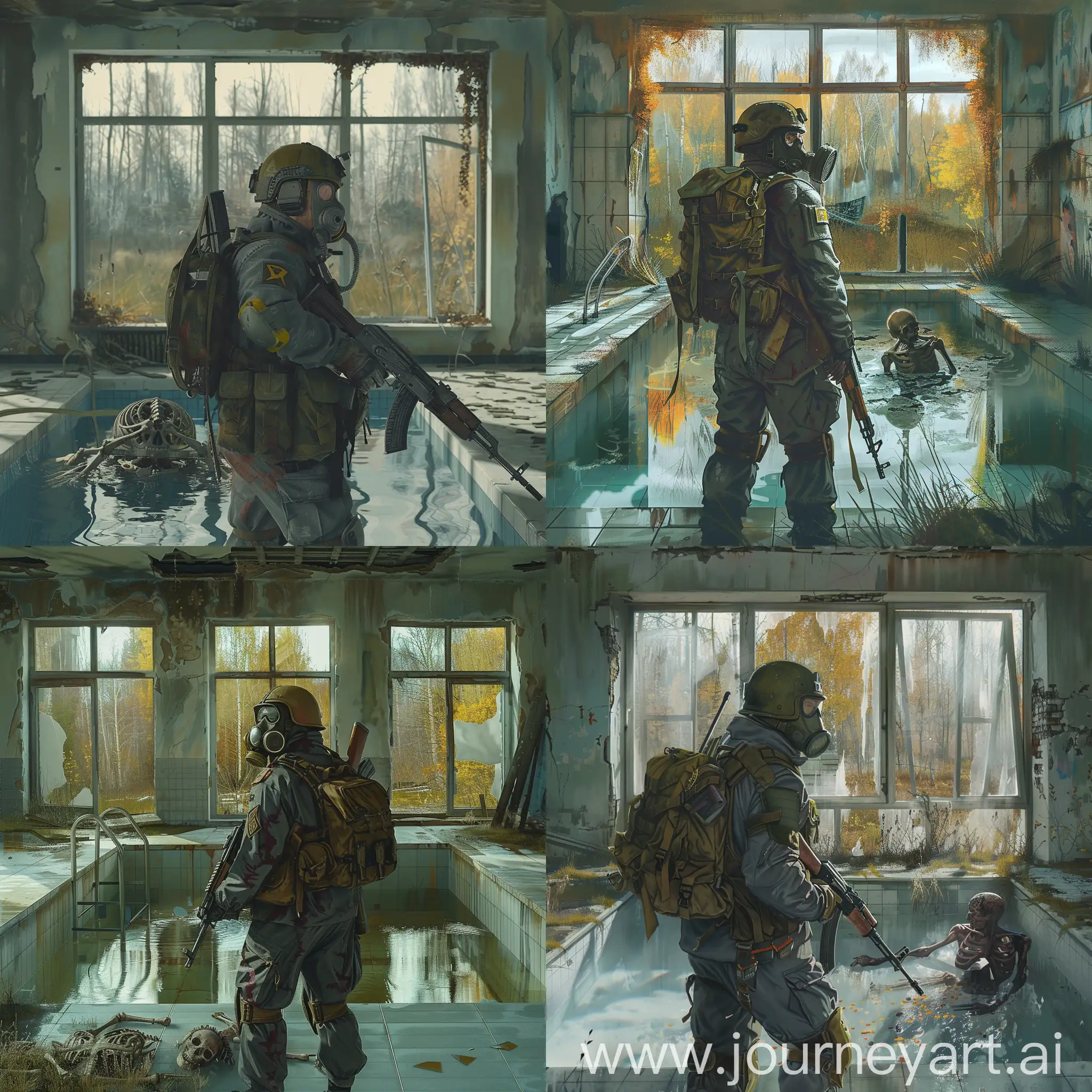 A mercenary in a gray-blue uniform, a respirator gasmask on his face, a Soviet helmet covering the head and ears area on his head, a Dragunov SVD rifle in his hands, a military backpack on his back, a stalker stands inside a Soviet abandoned pool without water, a corpse of a man like a skeleton is visible at the bottom of the pool, the meadows of the sun illuminate this whole picture the windows, the scene - abandoned Pripyat Chernobyl, the weather - a gloomy autumn.