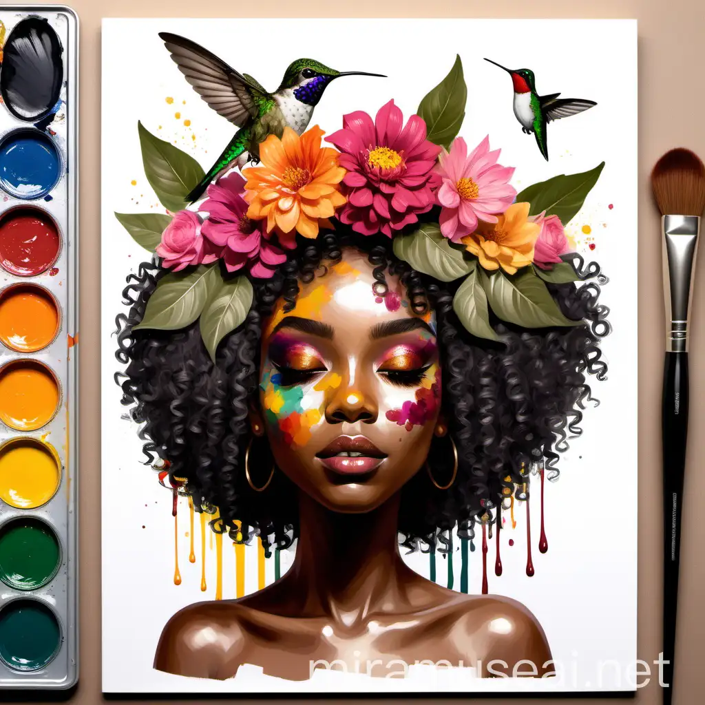Enchanting Illustration of a Black Woman with Flower Crown Curly Hair Paint Palette and Hummingbird
