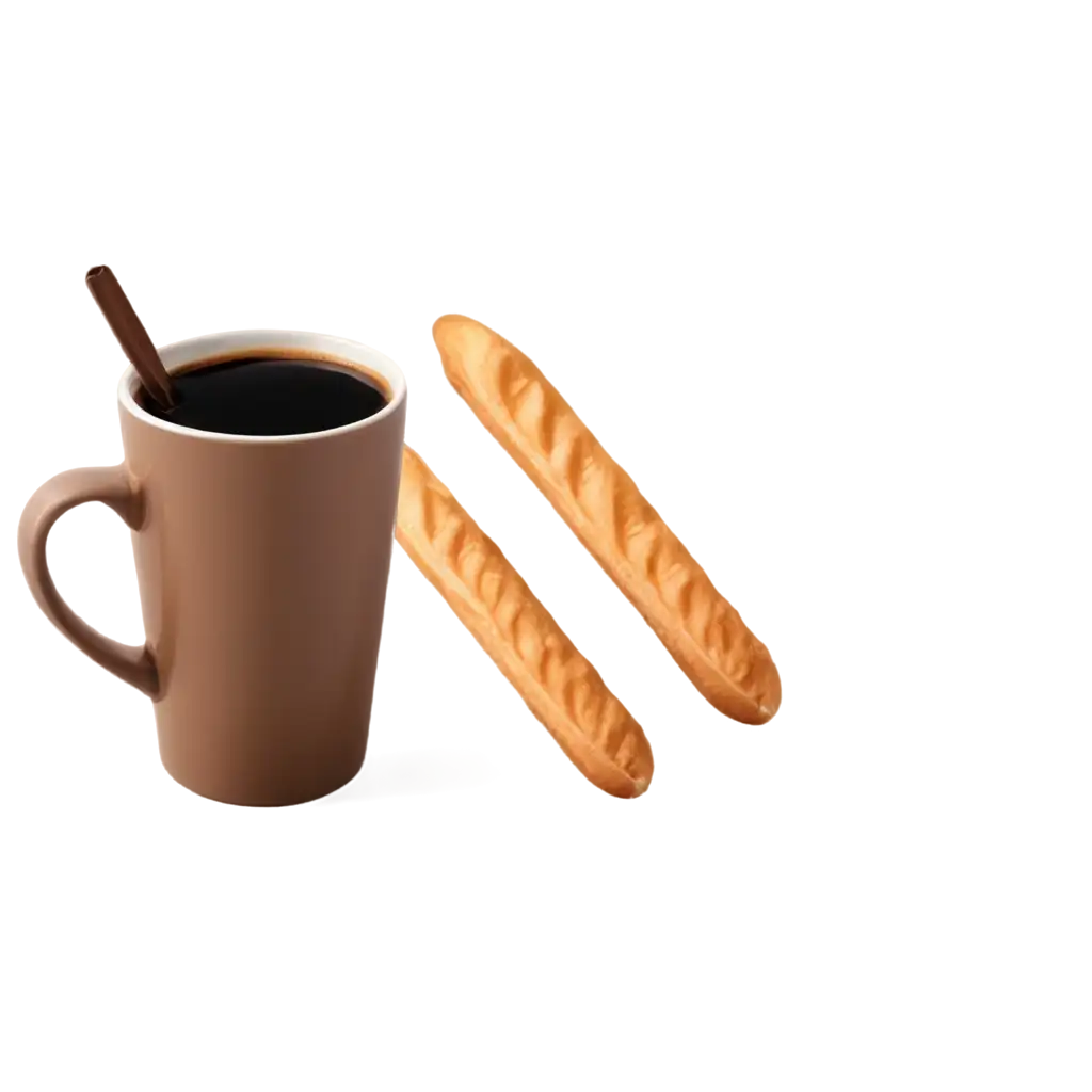 Generate a realistic product mockup for bread stick with a cup of coffee, which will allow customers to envision the product before making a purchase