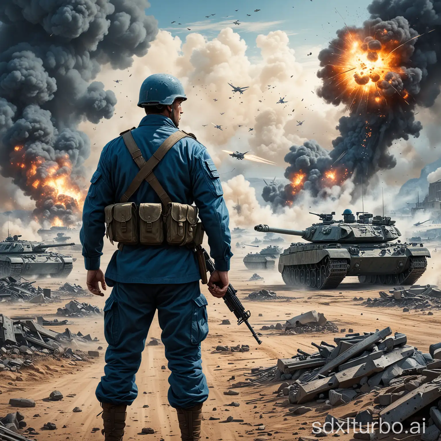 Soldier-in-Blue-Military-Uniform-Amidst-War-Scene