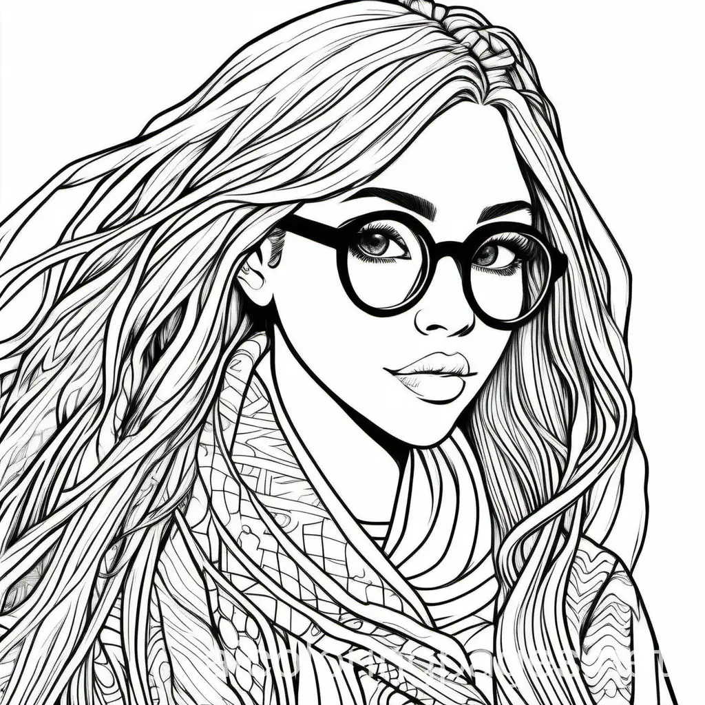 a female, with long dredlocks tied in a wrap with patterns on it. give her oversized glasses with patterned frames. give her manga lashes and voluptuous lips., Coloring Page, black and white, line art, white background, Simplicity, Ample White Space. The background of the coloring page is plain white to make it easy for young children to color within the lines. The outlines of all the subjects are easy to distinguish, making it simple for kids to color without too much difficulty