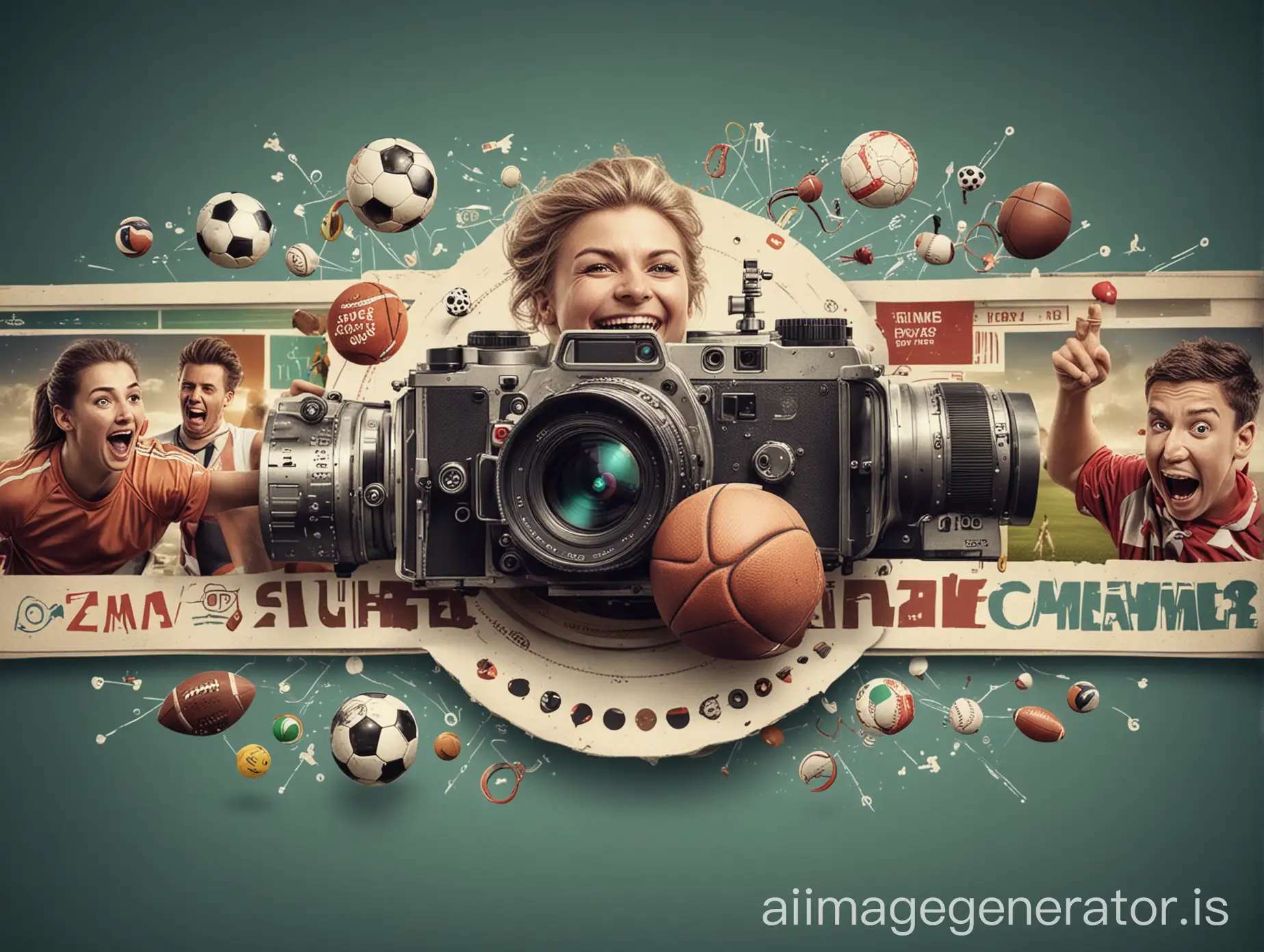 Create a combination of sports and laughter and cinema and science and camera symbols into one image to create an advertising banner