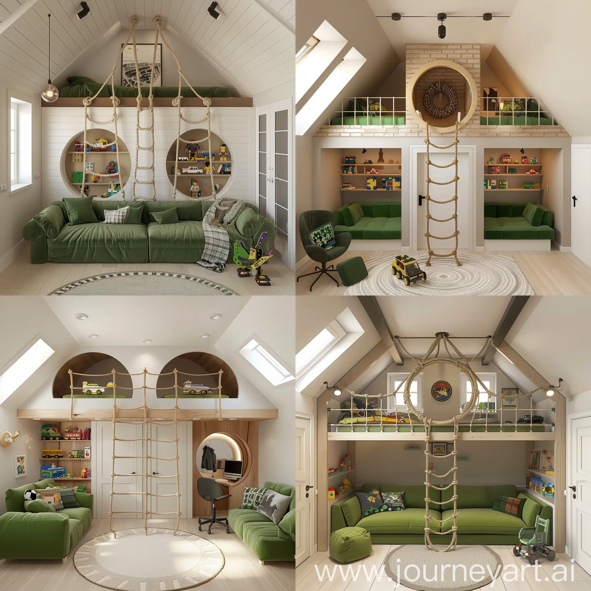 Modern-Childs-Room-with-TwoLevel-Play-Niche-and-Green-Sofa