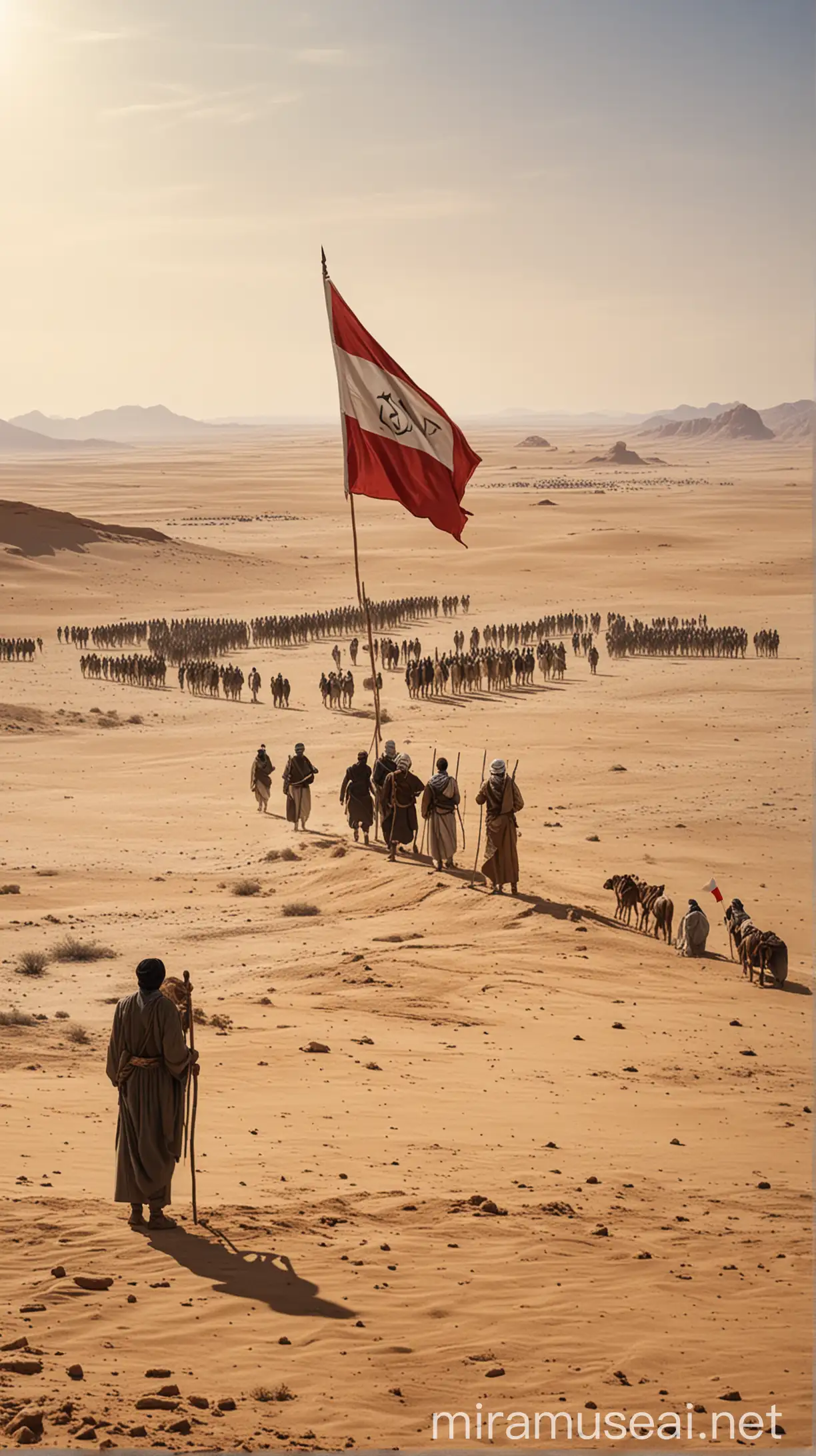 A depiction of  his followers negotiating with Quraysh representatives under a flag of truce, surrounded by a barren desert landscape.