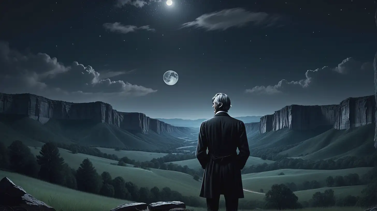 Ralph Waldo Emerson with his back facing us looking off into a beautiful valley with a night's sky and moon. There is a somber feeling to the peice of art. Cinematic. 