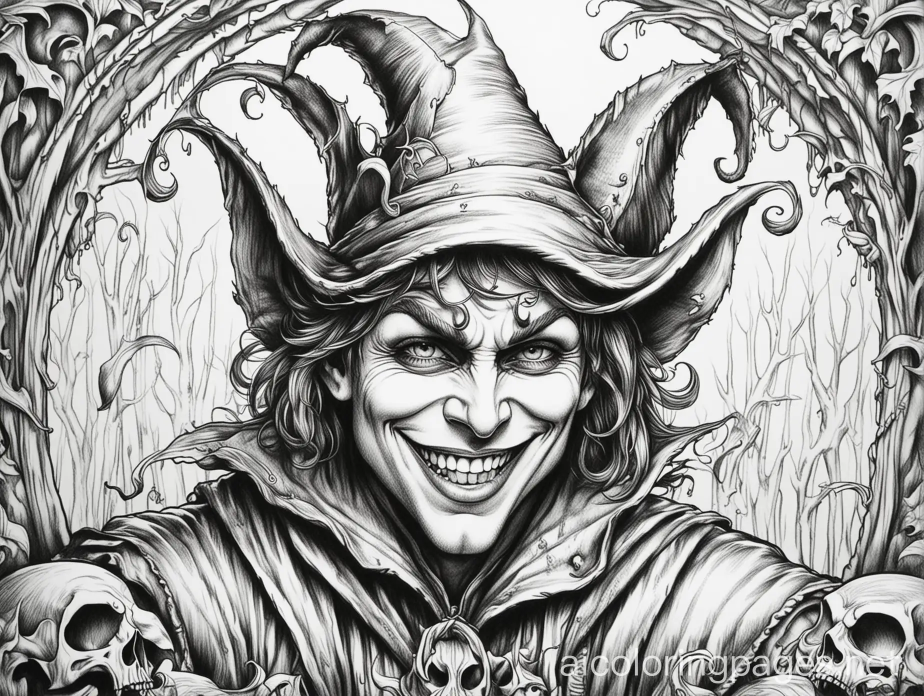 wicked  jester scene adult  coloring pages, Coloring Page, black and white, line art, white background, Simplicity, Ample White Space. The background of the coloring page is plain white to make it easy for young children to color within the lines. The outlines of all the subjects are easy to distinguish, making it simple for kids to color without too much difficulty