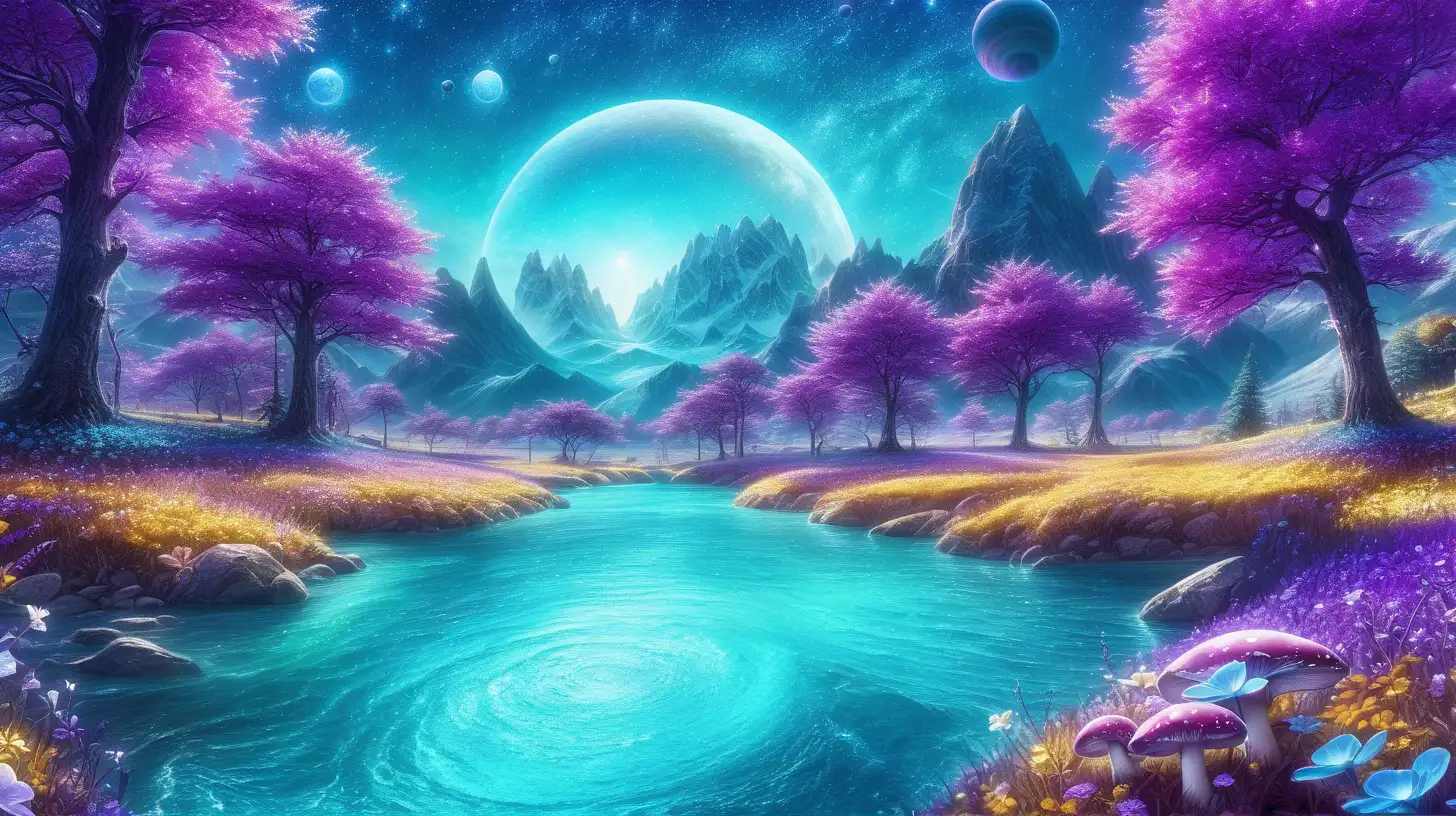 sparkling flowers and roses by a magical bright-turquoise river in the middle of the mountains. Purple. Blue. 8K. bright-yellow, #FFFF00, and purple sky with a rotating huge planet between trees. Fairytale mushroom world
