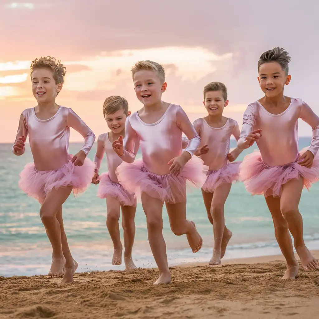 (((((Gender role reversal))))), A group of short-haired 8-year-old cute boys running gaily along a beach shoreline in silky pink ballet leotards with long sleeves and frilly tutus, energetic