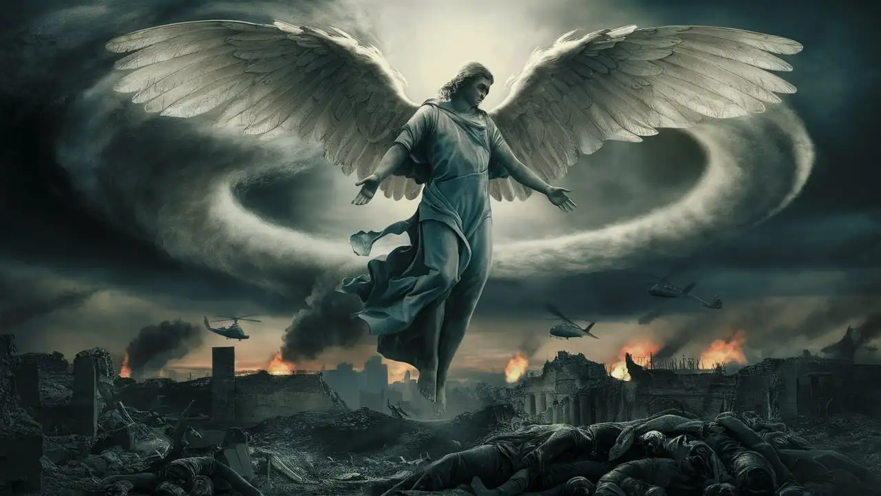 Holy Male Seraph Rising Above Ruins and Smoke in Apocalyptic War Scene