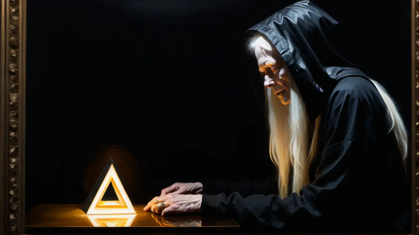 Oil paiting of the side profile of An old, long-haired albino woman with a black hood, sitting in a dark room holding a glowing golden triangle artifact over a table.