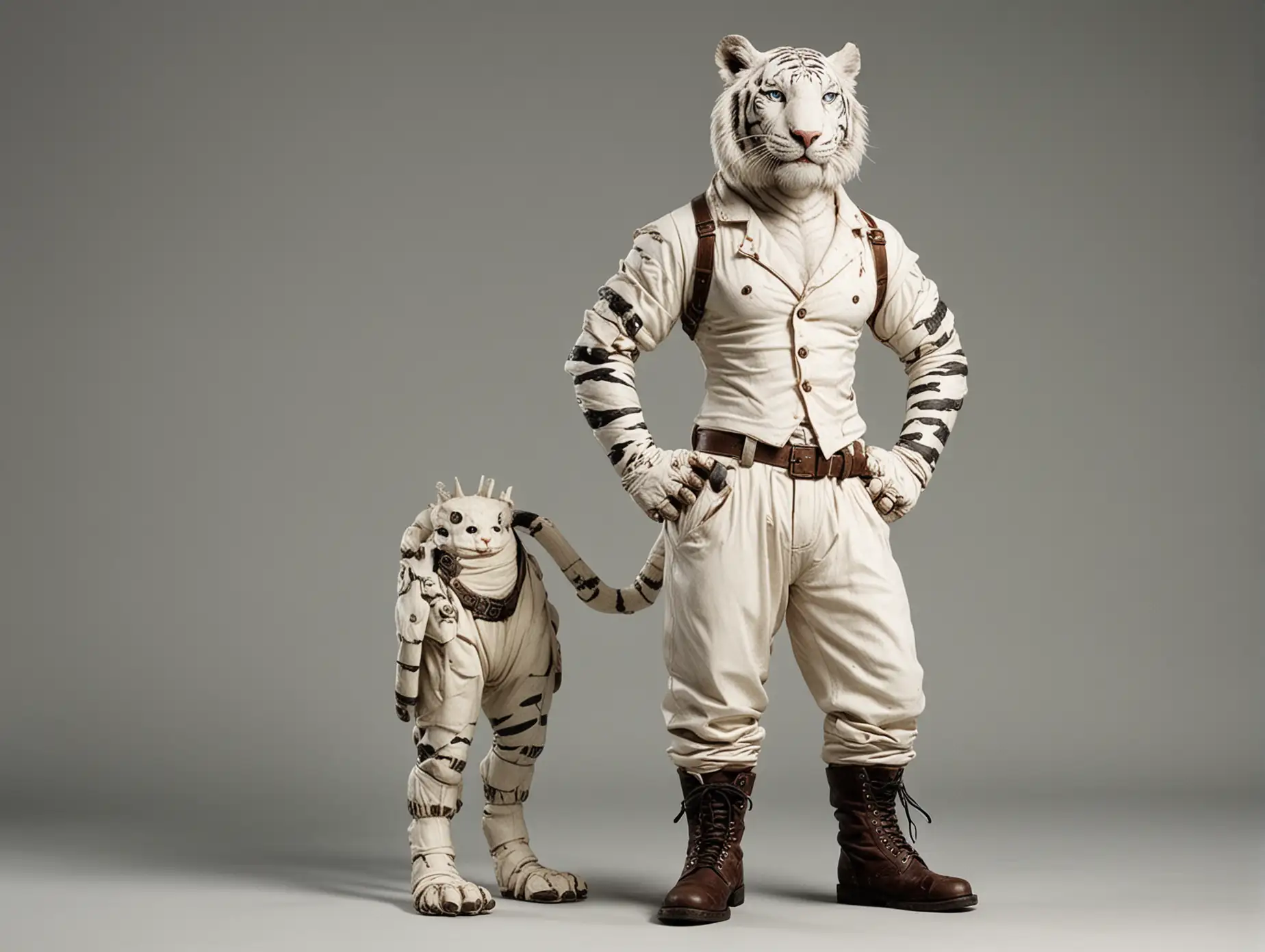 An anthropomorphic white tiger with a bare torso, trousers and boots