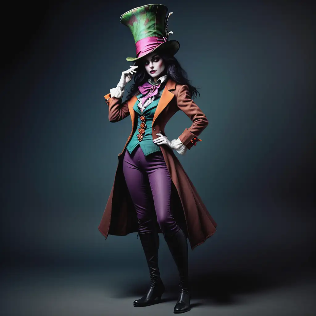 The new Mad Hatter. It is a female. She is less crazy looking than the original, but she still has a bit of a wild look about her. She is more interested in ruling Wonderland than her predecessor was. She is standing in a very strong pose. She has dark hair and a sleeker hat.