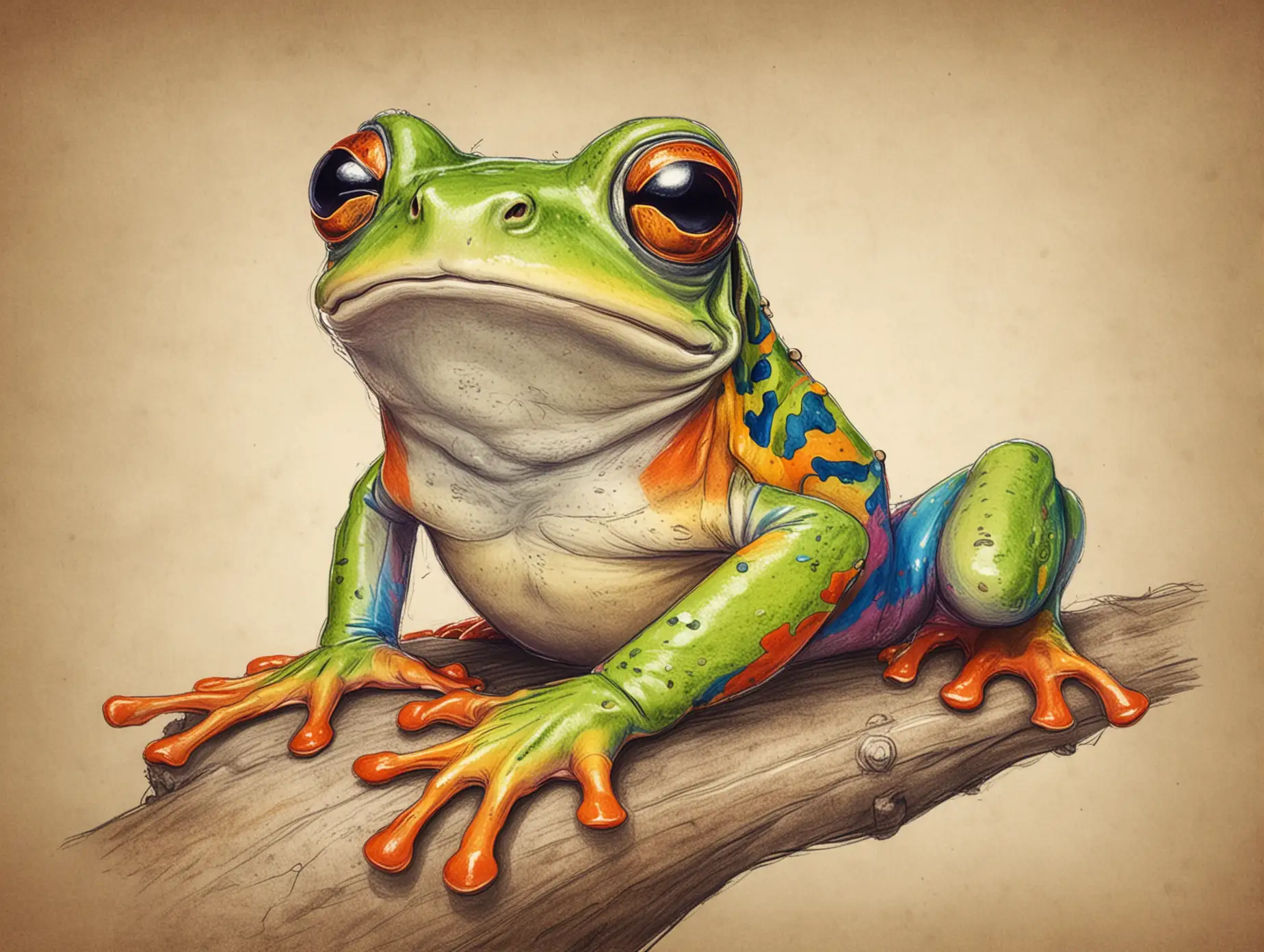 kids drawing of a smiling colorful tree frog facing front