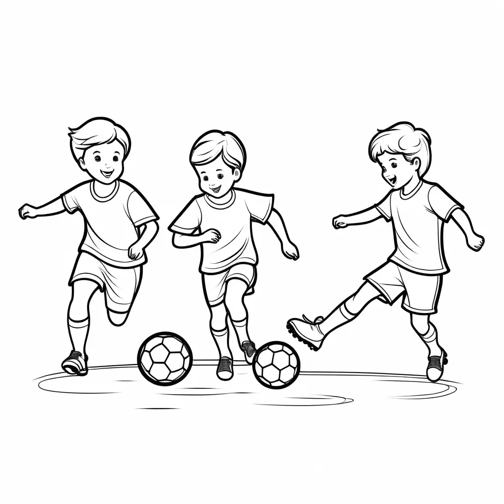 Young children playing soccer, Coloring Page, black and white, line art, white background, Simplicity, Ample White Space.