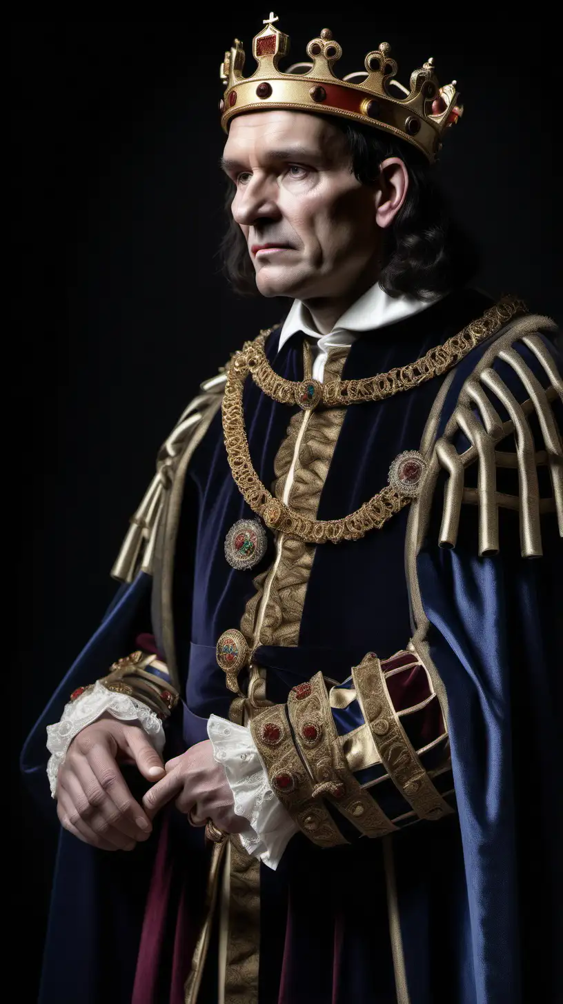 A detailed portrait of King Richard III in royal garb, with a thoughtful expression and a hint of physical deformity in his scoliosis. Style: realistic, dramatic lighting.