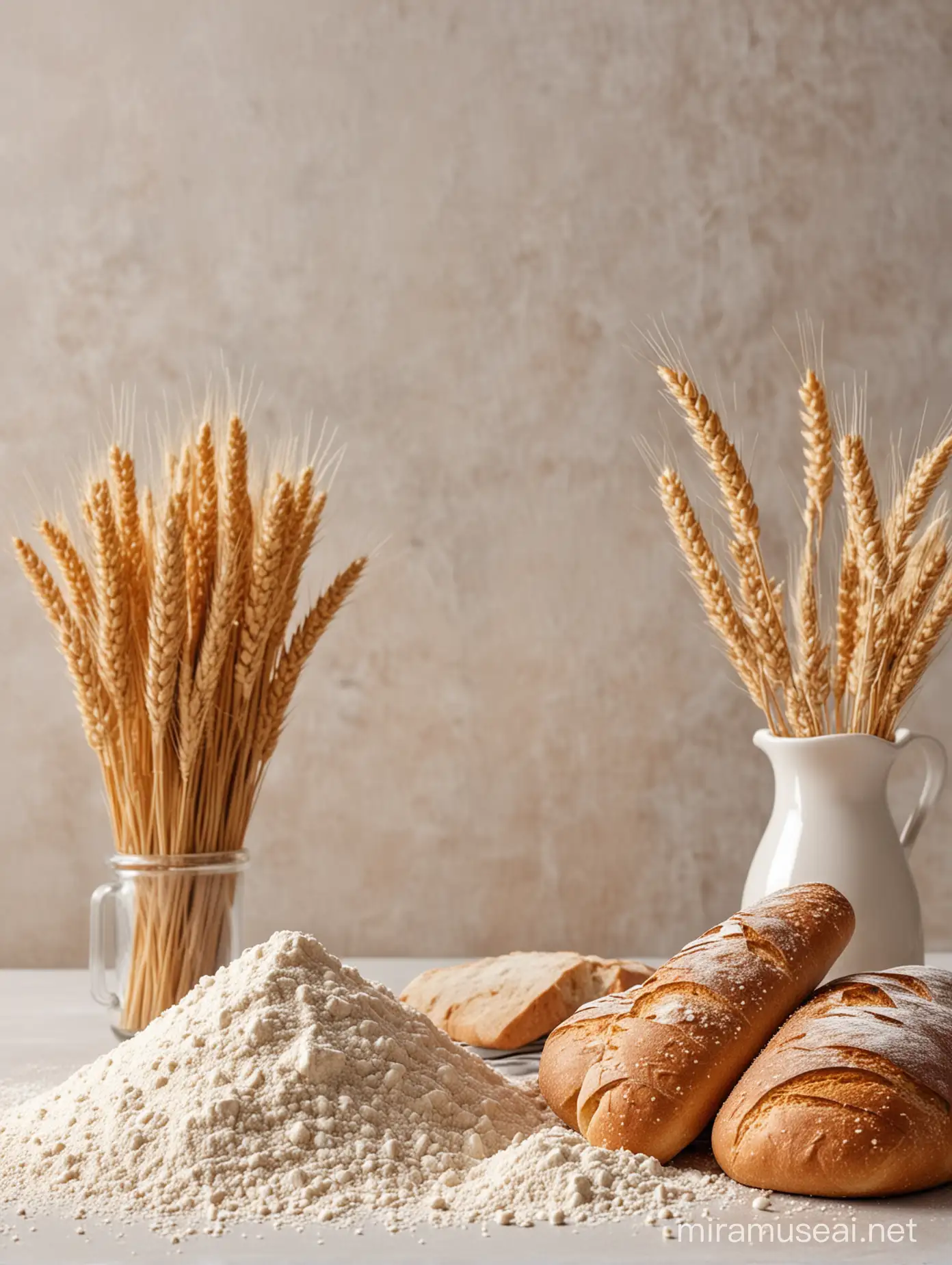 A bunch of wheat standing next to flour and some bread in a light background
