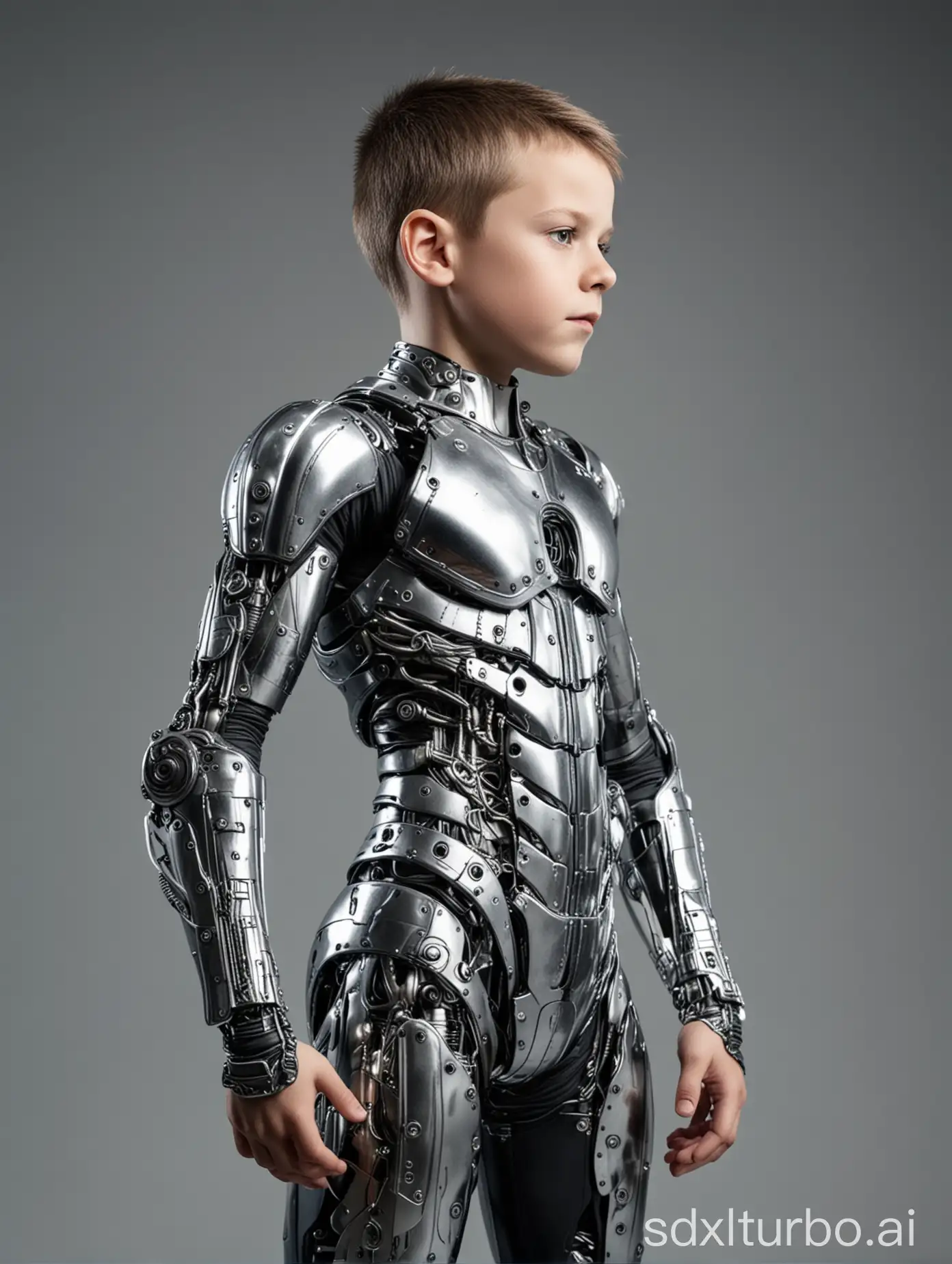 15 year young athletic muscular boy in bionic metal suit, standing sideways