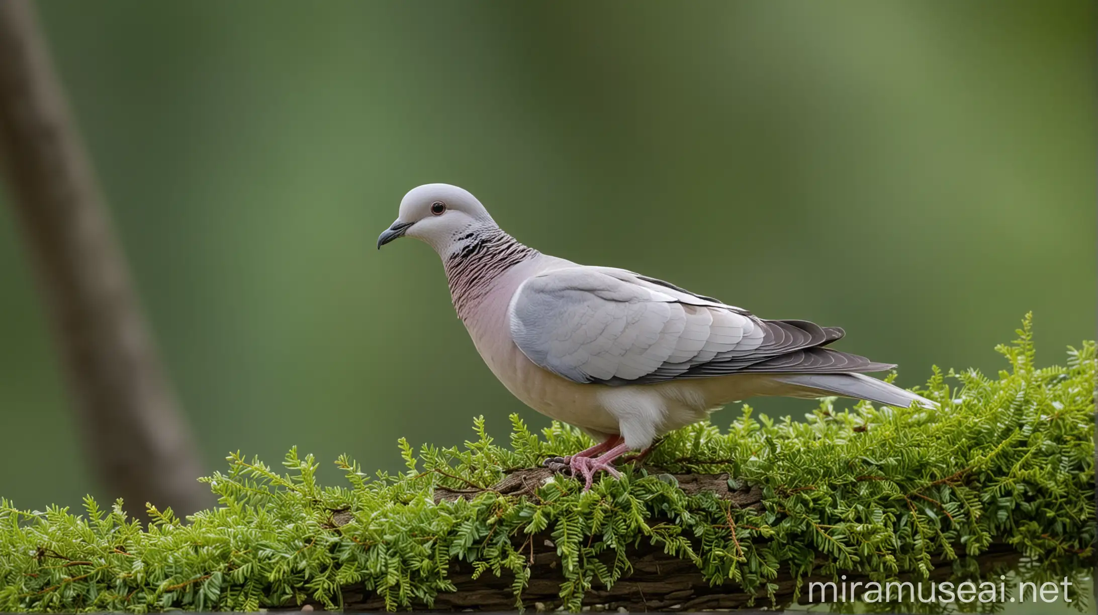 Striped Dove with Open Beak Perched on Green Wooden Tree