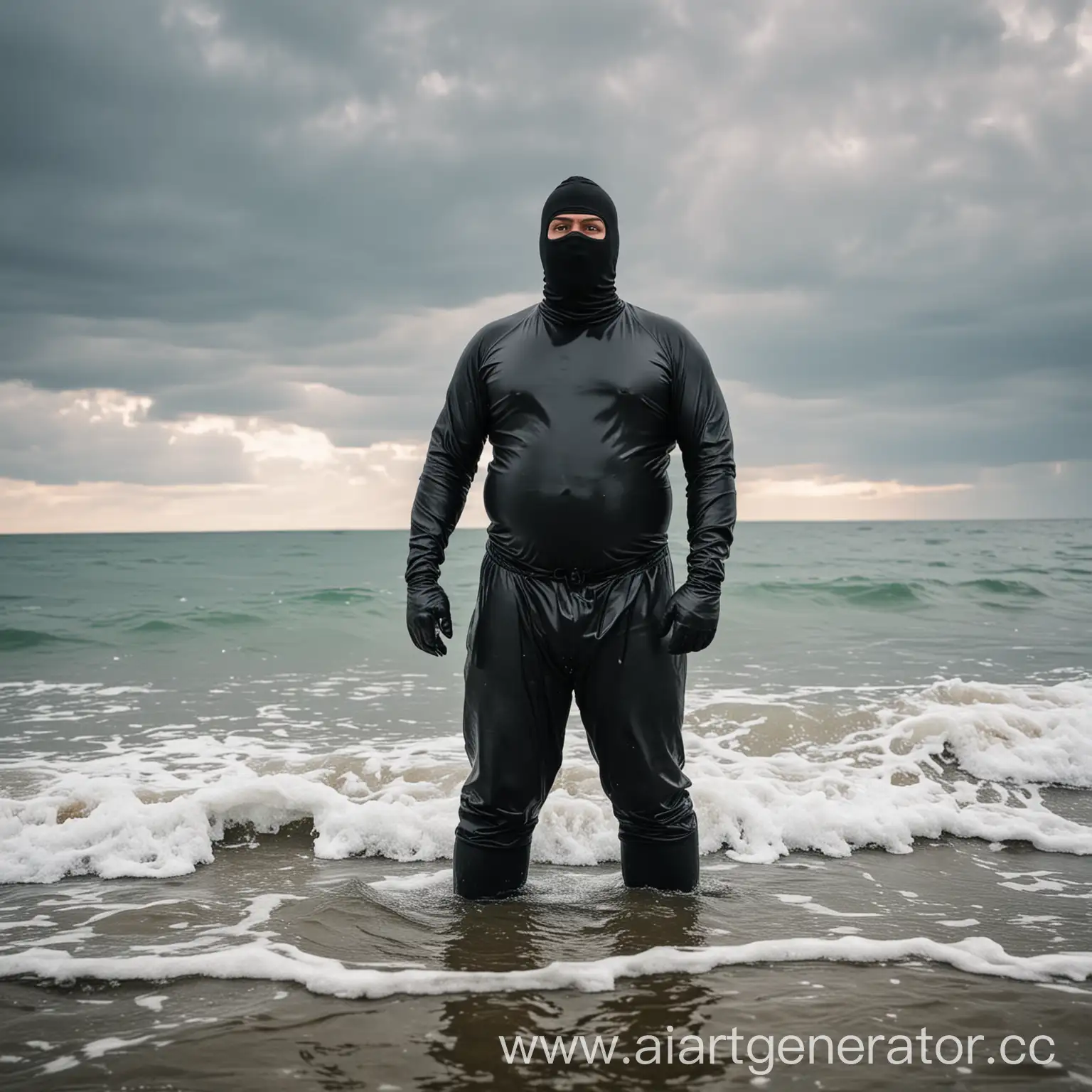 Mysterious-Figure-Wearing-Balaclava-Standing-in-Shallow-Ocean-Waters