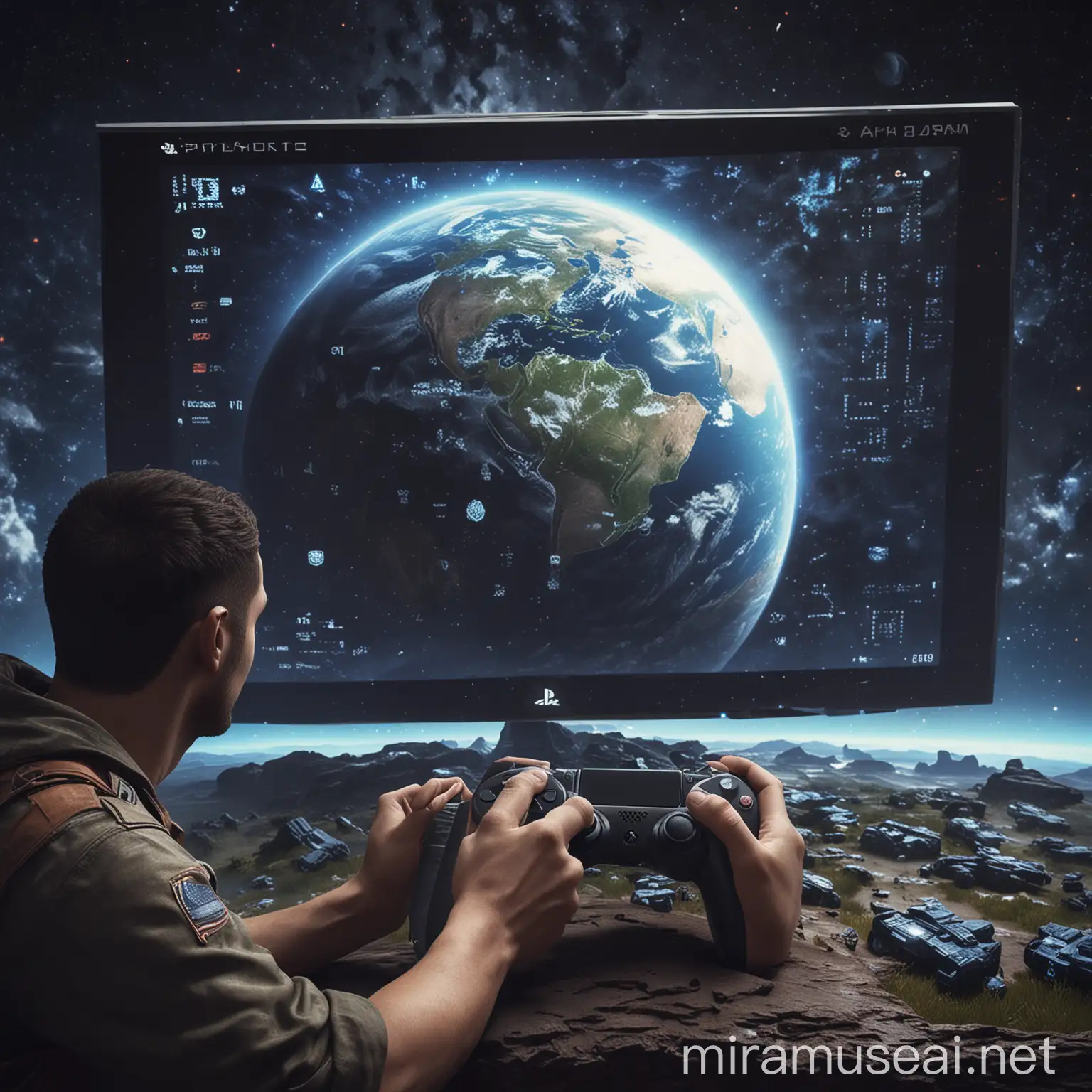 Code of a man holding a game subject with an Earth pattern and a realistic space landscape on the PlayStation screen.
