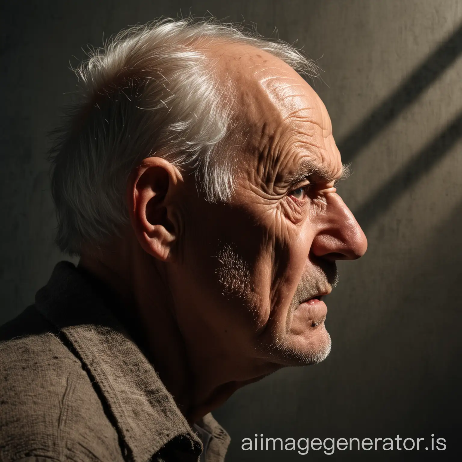 angry old man face in profile with heavy shadows