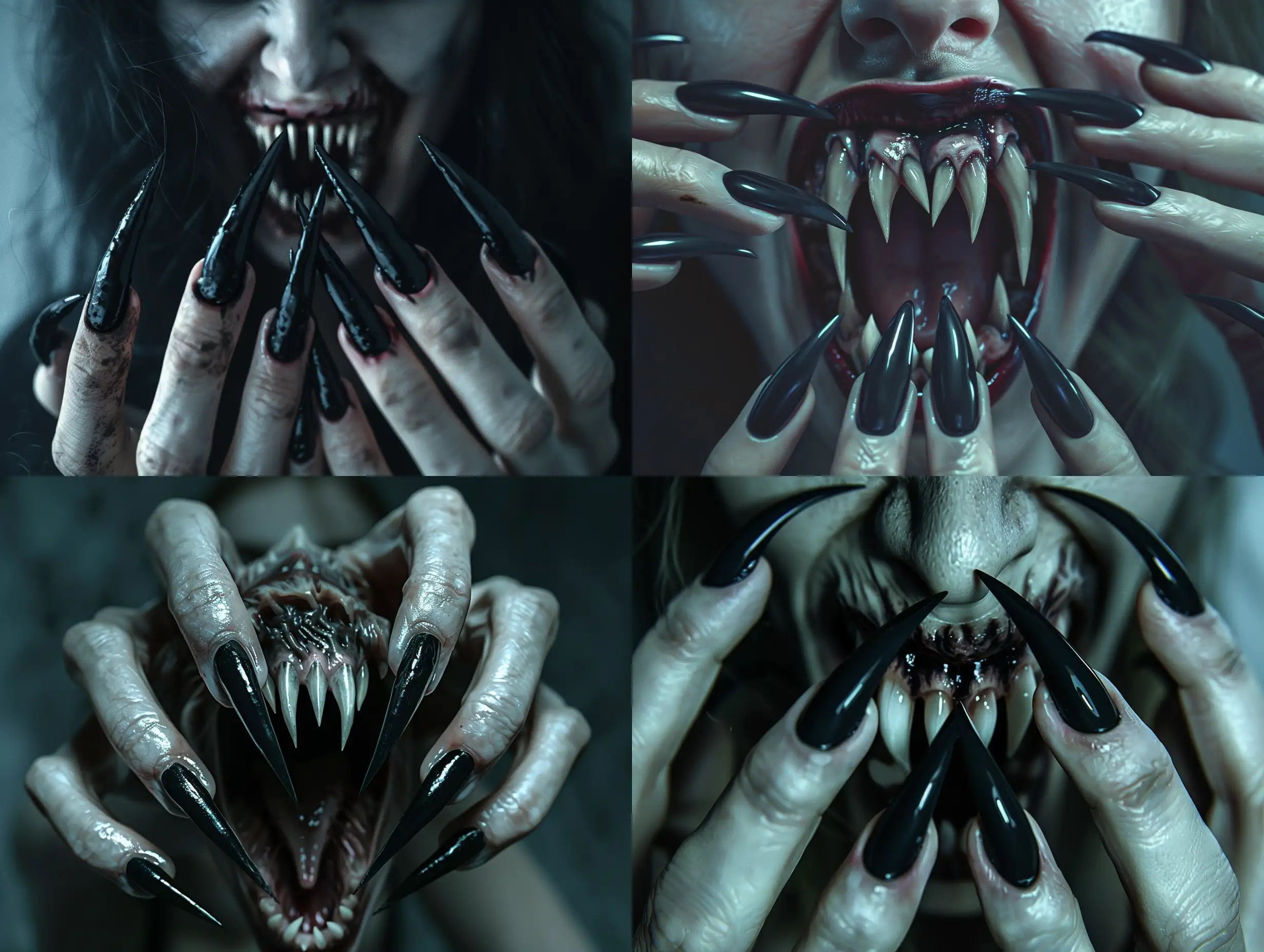 Photorealism of a monstruos female vampire with long pointed black nails, and pointed horrible teeth scary expression, dark atmosphere, high quality, photorealistic, terrifying, aggressive, scary predator fangs, detailed nails, horror, atmospheric lighting, full body, realistic hyper - detail, playful character designs, full anatomical. human hands, very clear without flaws with five fingers detailed