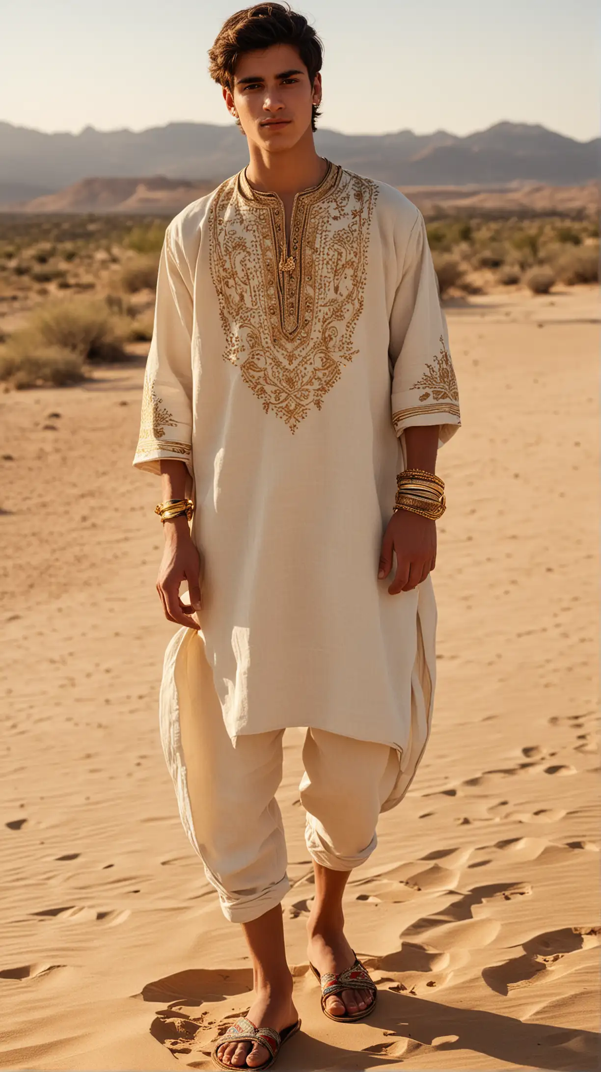 a full body shot photo of an 18 year old man wearing a linen khaftan embroidered in gold, sandals, standing in the desert with the sunlight behind them