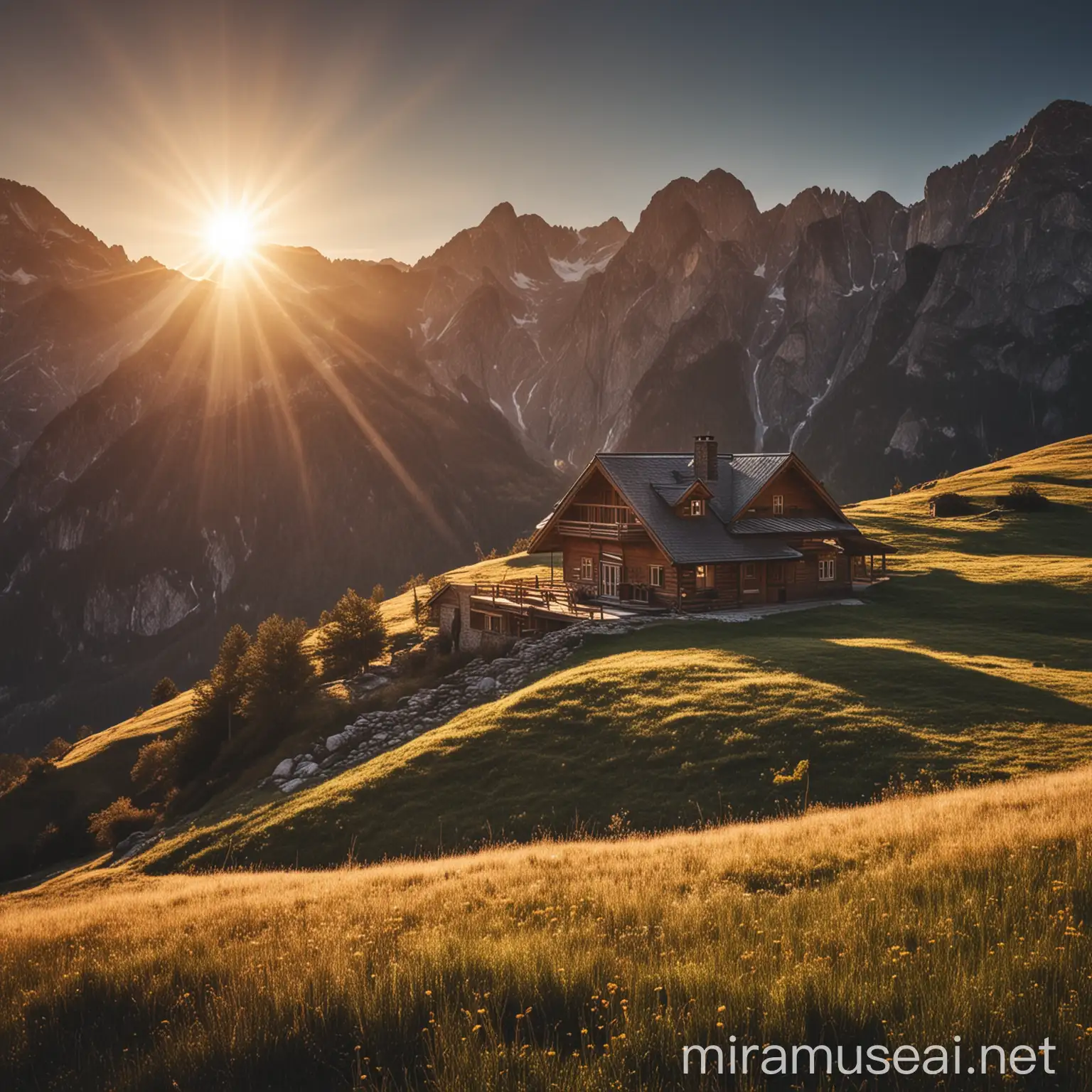 Sunlit Mountain House Amidst Serene Landscape