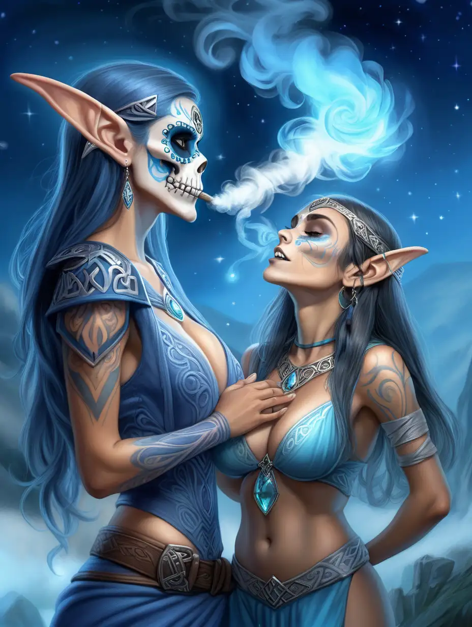 cheerful elven Hispanic woman Stands with her busty celtic hobbit lesbian lover.  busty elven sorceress summons sugarskull spirits that flost and brigten the night sky. Her tiny hobbit lover blows gentle blue smoke into the air. 