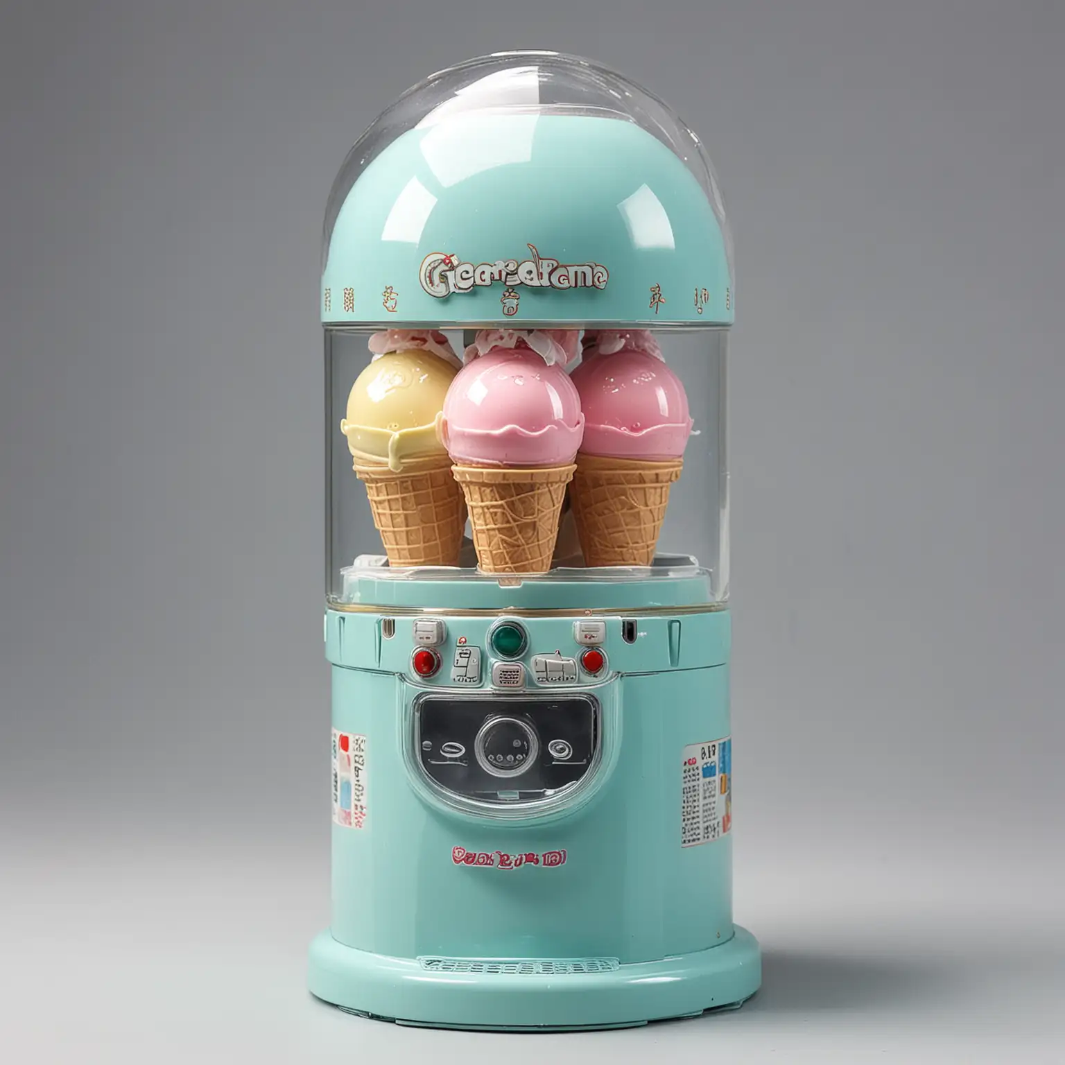 Gacha machine, ice cream color scheme, has big turn dial, has big transparent round ball