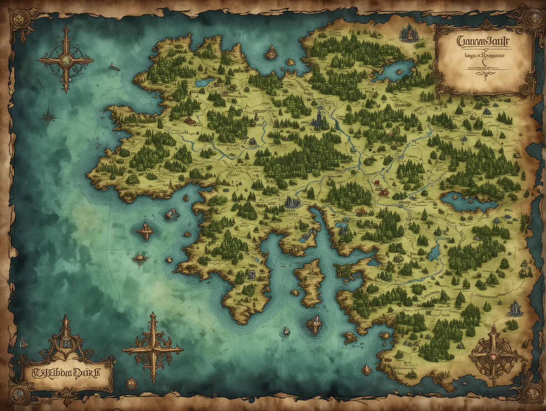 Medieval fantasy map, continent, greens and blues,