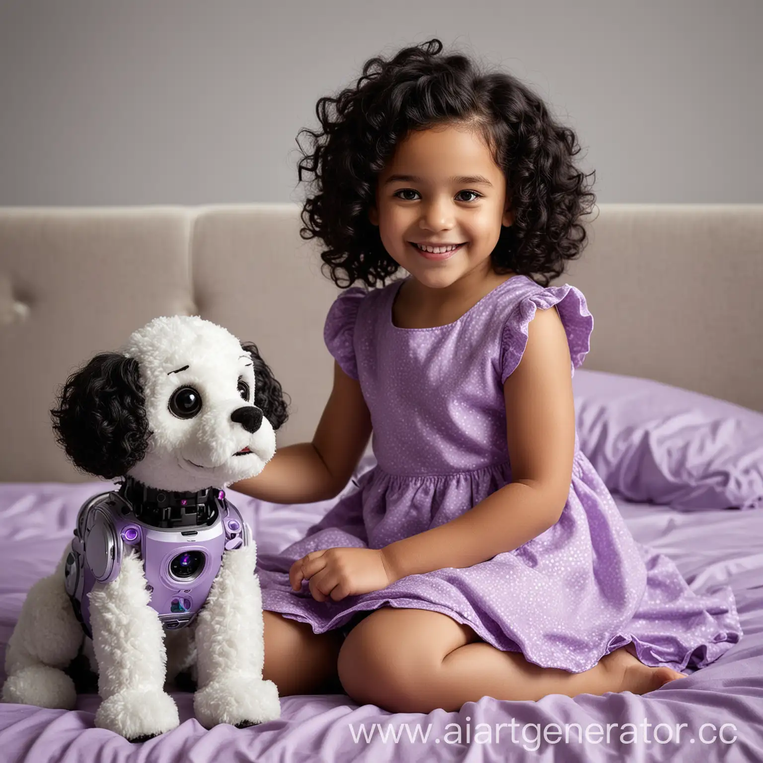 Реальная фотография. Девочка 4 года сидит на кровати и играет с собакой-роботом. На девочке фиолетовое платье и чёрные кудрявые волосы. Она улыбается.