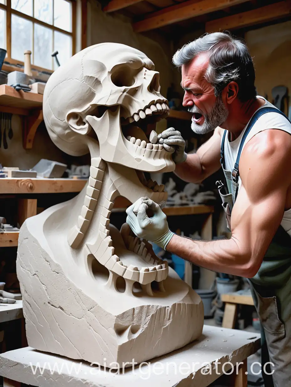 Мужчина из камня выбивает скульптуру челюсти в своей мастерской