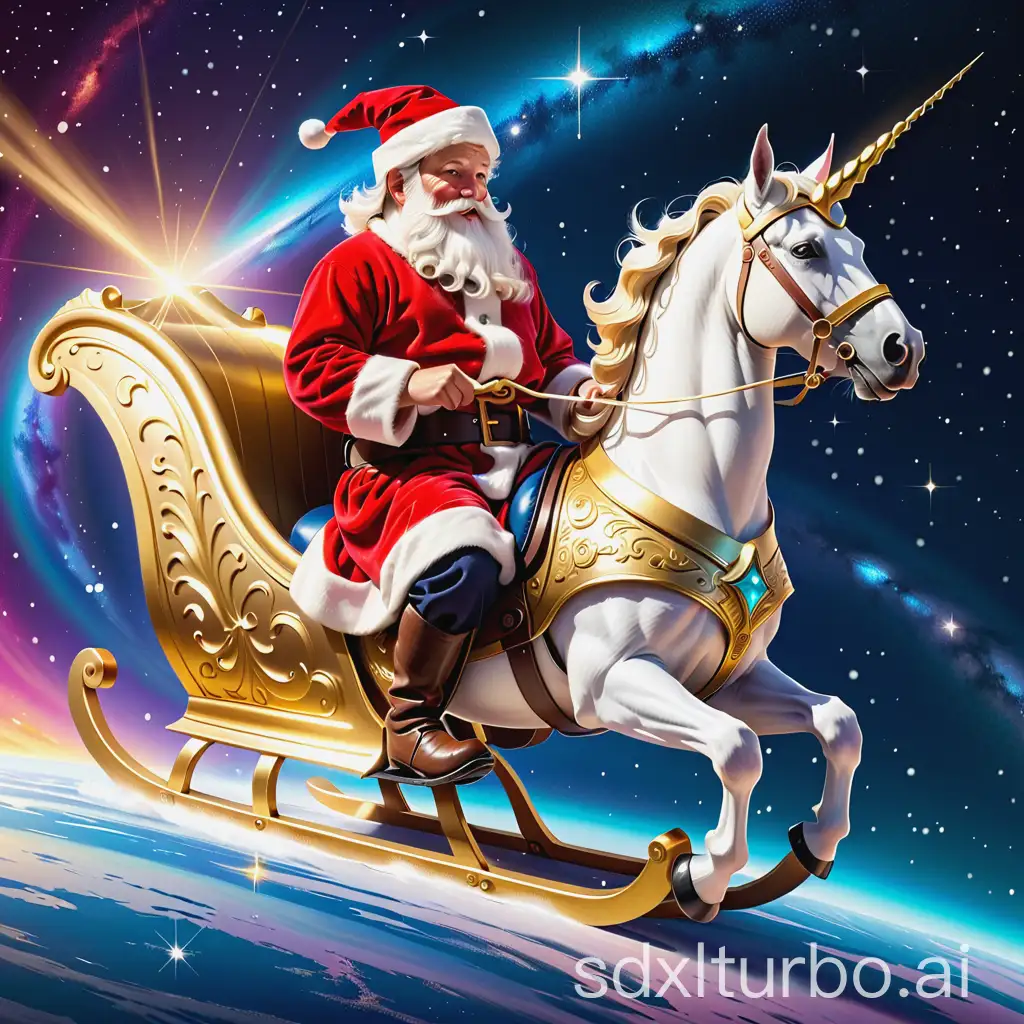 Der Weihnachtsmann, wie er auf einem goldenen Schlitteneinhorn reitet, das ihn durch eine funkelnde Galaxie führt, in der die Sterne wie Diamanten glitzern.