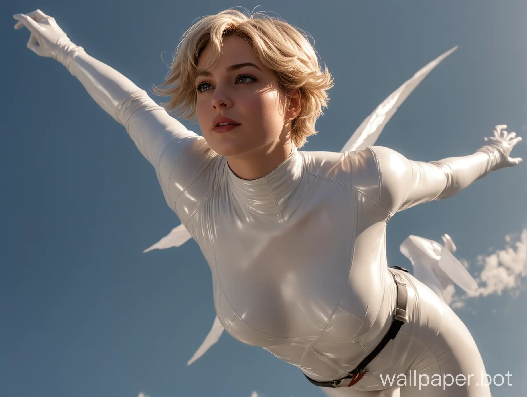 powergirl with short hair, in latex white suit, big breast, fly in the sky